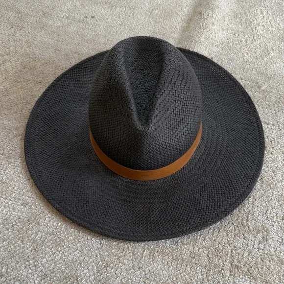 Janessa Leone Brigitte Packable Black Straw Hat with Leather  display picture 1
